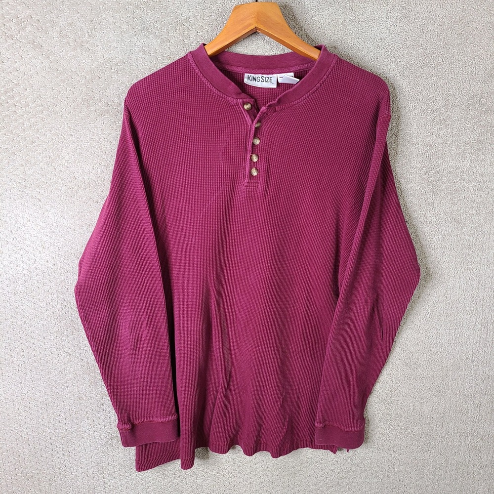 King Size Shirt Mens Large Red Maroon Waffle Knit Henley Long Sleeve Cotton